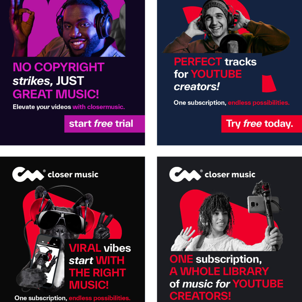 Projekty grafik google ads dla Closer Music.